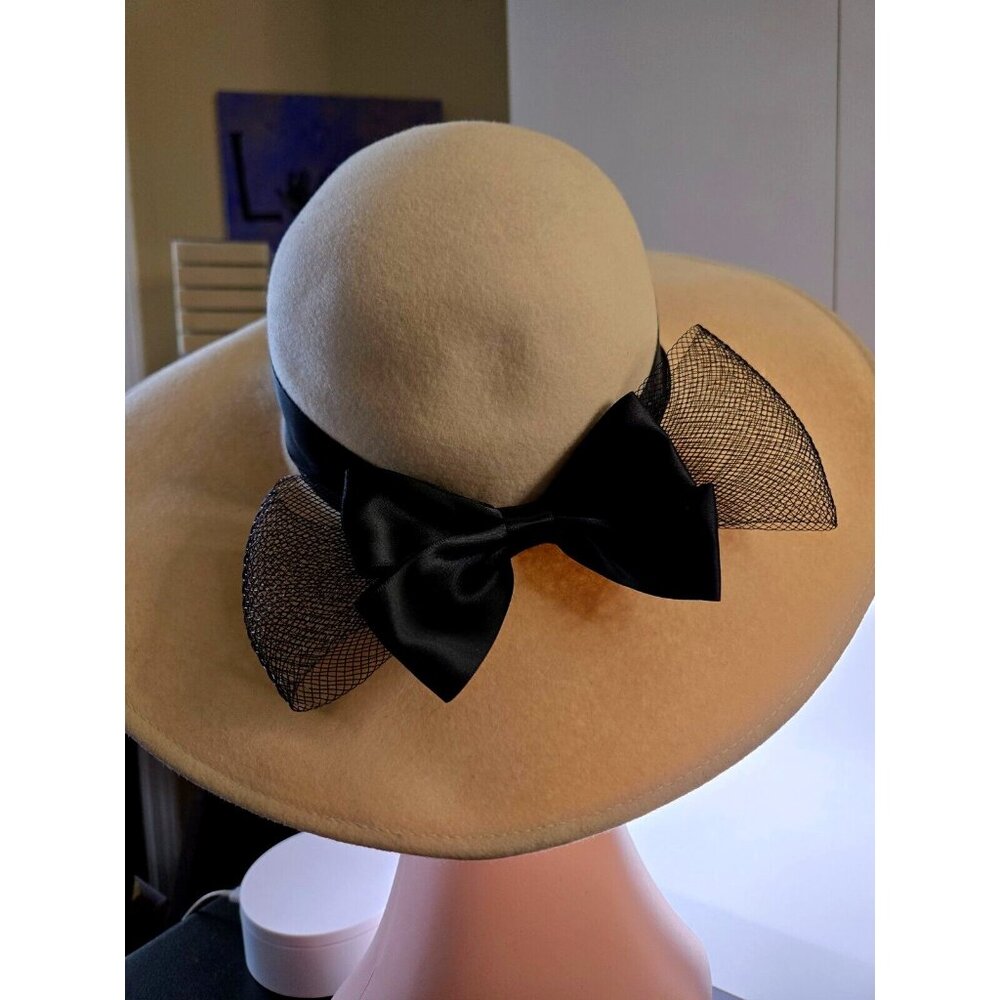 Vintage Shibui Ivory Color Wide Brim Felt Derby Hat with Black Satin & Net Bow
